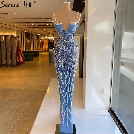 Vestidos de noche de sirena con tirantes finos azules, elegantes y de lujo con cuentas, para mujer, para fiesta, LA71243 