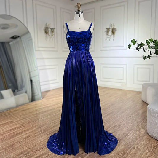 Vestido de fiesta azul con tirantes finos, espalda con cordones, corte sirena, cuentas y lentejuelas para mujer, para boda 2025 LA72612 