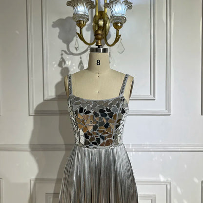 Vestido de fiesta azul con tirantes finos, espalda con cordones, corte sirena, cuentas y lentejuelas para mujer, para boda 2025 LA72612 