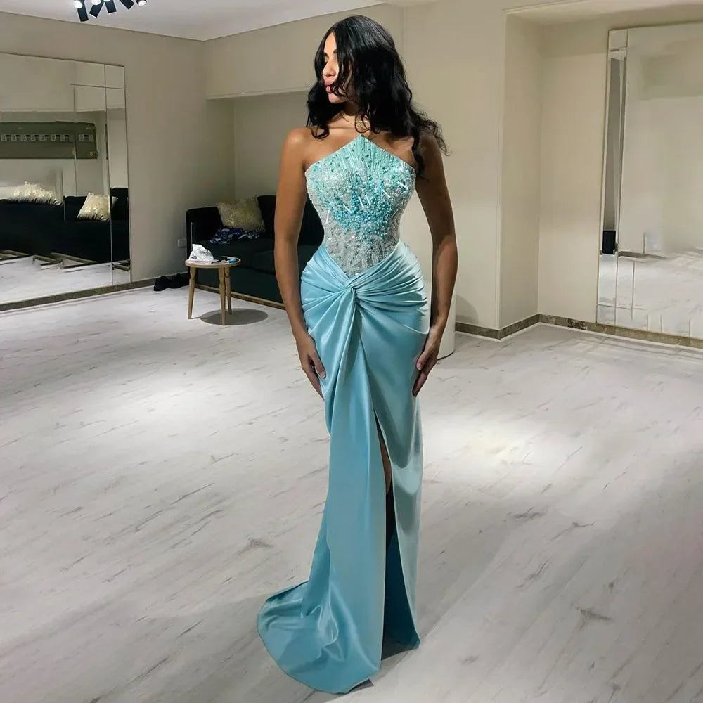 Vestido de noche azul de sirena con abertura y escote halter, de lujo, con cuentas, estilo árabe, estilo Dubái, para mujer, para boda, fiesta, 2025, LA72572 