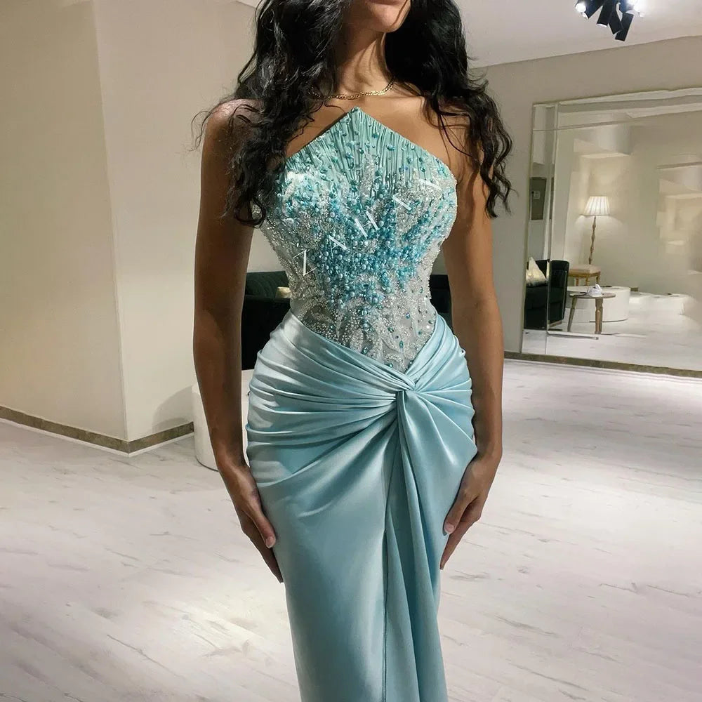 Vestido de noche azul de sirena con abertura y escote halter, de lujo, con cuentas, estilo árabe, estilo Dubái, para mujer, para boda, fiesta, 2025, LA72572 