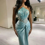 Vestido de noche azul de sirena con abertura y escote halter, de lujo, con cuentas, estilo árabe, estilo Dubái, para mujer, para boda, fiesta, 2025, LA72572 