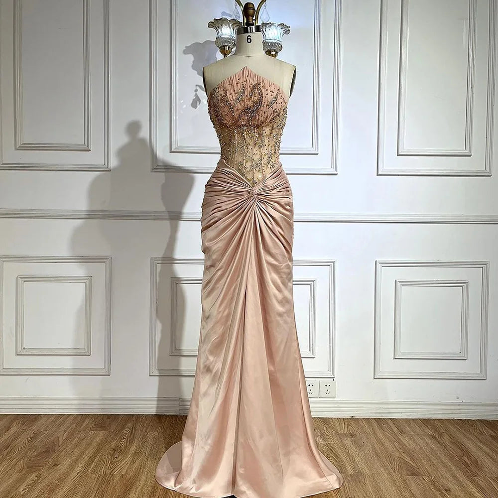 Vestido de noche azul de sirena con abertura y escote halter, de lujo, con cuentas, estilo árabe, estilo Dubái, para mujer, para boda, fiesta, 2025, LA72572 