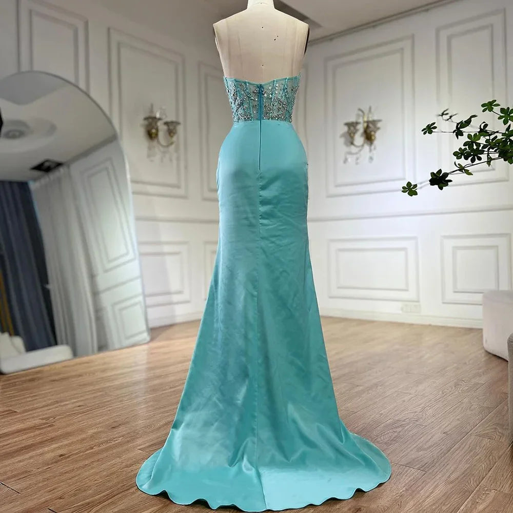 Vestido de noche azul de sirena con abertura y escote halter, de lujo, con cuentas, estilo árabe, estilo Dubái, para mujer, para boda, fiesta, 2025, LA72572 