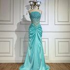 Vestido de noche azul de sirena con abertura y escote halter, de lujo, con cuentas, estilo árabe, estilo Dubái, para mujer, para boda, fiesta, 2025, LA72572 