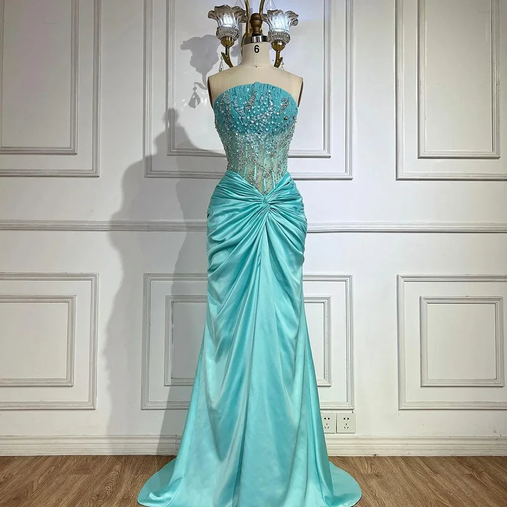 Blau Split Liebsten Meerjungfrau Luxus Perlen Arabisch Dubai Abendkleider Kleider für Frauen Hochzeit Party 2025 LA72572 