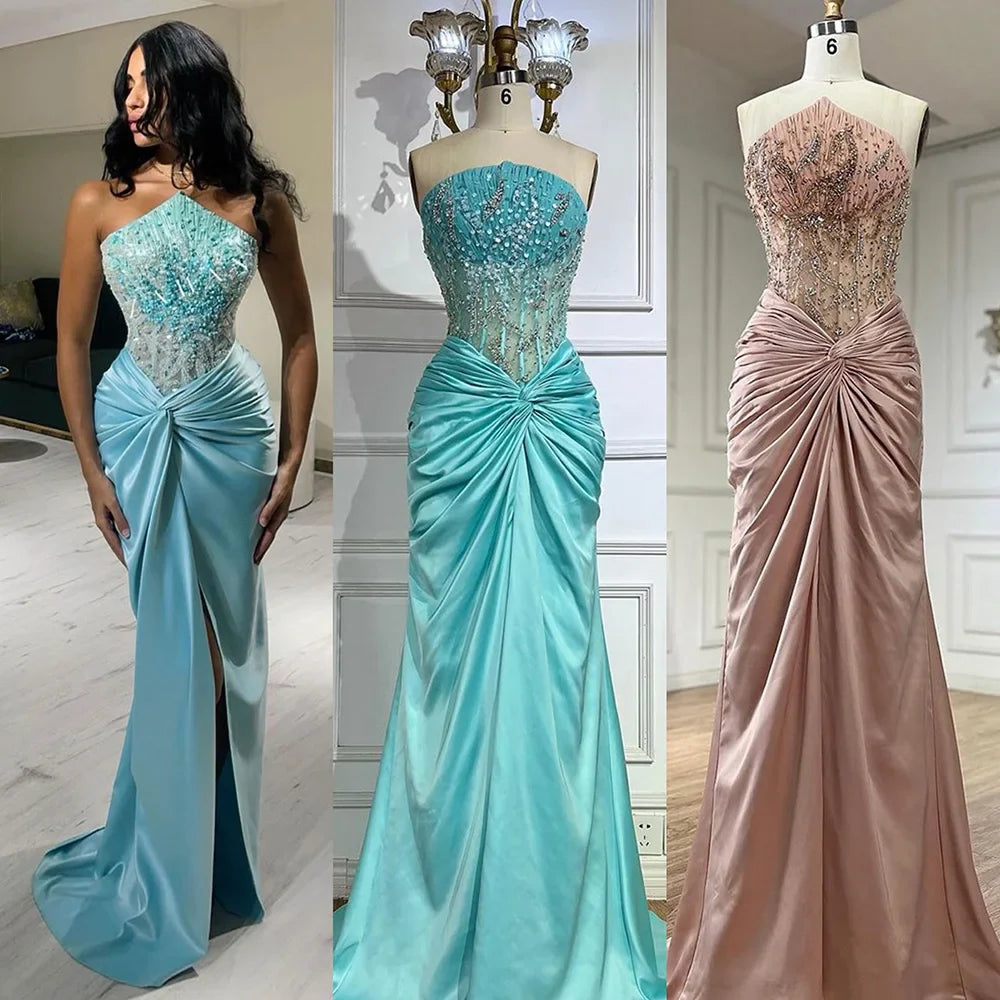Blau Split Liebsten Meerjungfrau Luxus Perlen Arabisch Dubai Abendkleider Kleider für Frauen Hochzeit Party 2025 LA72572 