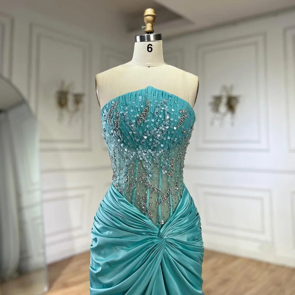 Vestido de noche azul de sirena con abertura y escote halter, de lujo, con cuentas, estilo árabe, estilo Dubái, para mujer, para boda, fiesta, 2025, LA72572 