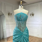 Vestido de noche azul de sirena con abertura y escote halter, de lujo, con cuentas, estilo árabe, estilo Dubái, para mujer, para boda, fiesta, 2025, LA72572 
