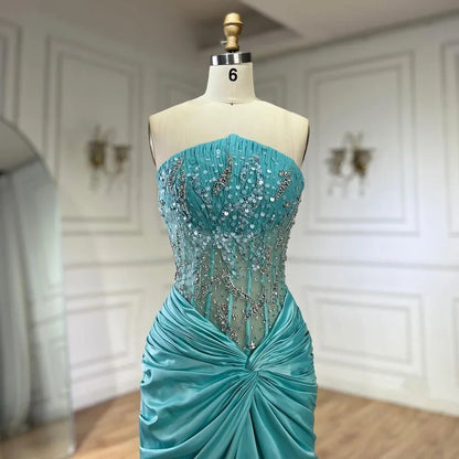 Blau Split Liebsten Meerjungfrau Luxus Perlen Arabisch Dubai Abendkleider Kleider für Frauen Hochzeit Party 2025 LA72572 
