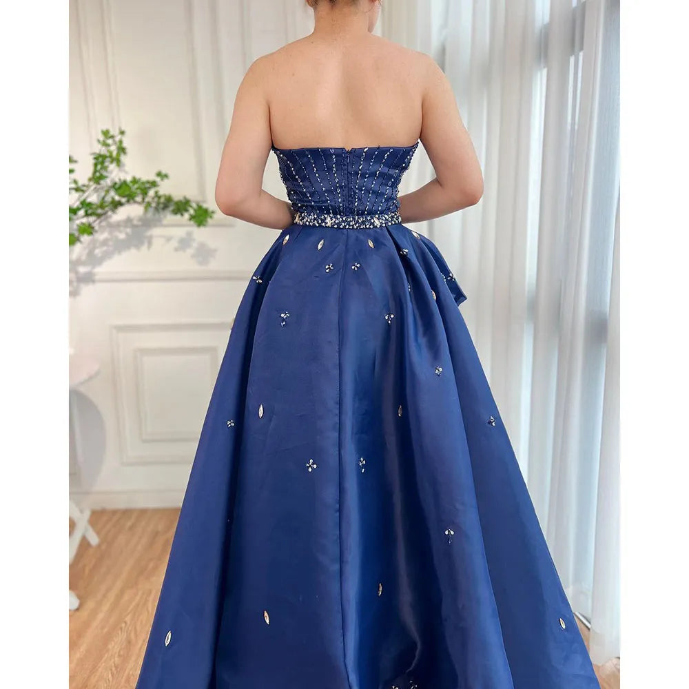 Blauer trägerloser Meerjungfrau-Überrock Abend-Partykleider mit Perlen Elegante Kleider für formelle Anlässe für Frauen 2025 LA72051 
