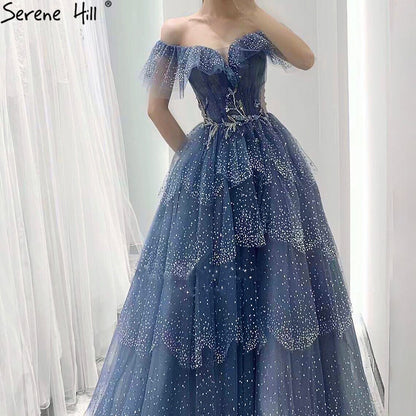 Blaue Sweetheart Abendkleider Kleider 2025 Perlen Tiered Bling Sexy Für Frauen Party LA71450 