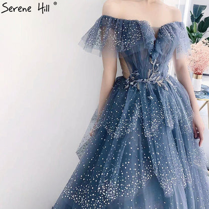 Blaue Sweetheart Abendkleider Kleider 2025 Perlen Tiered Bling Sexy Für Frauen Party LA71450 