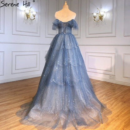 Blaue Sweetheart Abendkleider Kleider 2025 Perlen Tiered Bling Sexy Für Frauen Party LA71450 