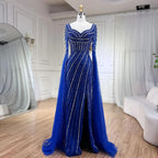 Vestido de noche azul de corte sirena con escote corazón y sobrefalda de cuentas - Vestidos de lujo para bodas de mujer 2025 LA72314 