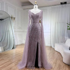 Vestido de noche azul de corte sirena con escote corazón y sobrefalda de cuentas - Vestidos de lujo para bodas de mujer 2025 LA72314 