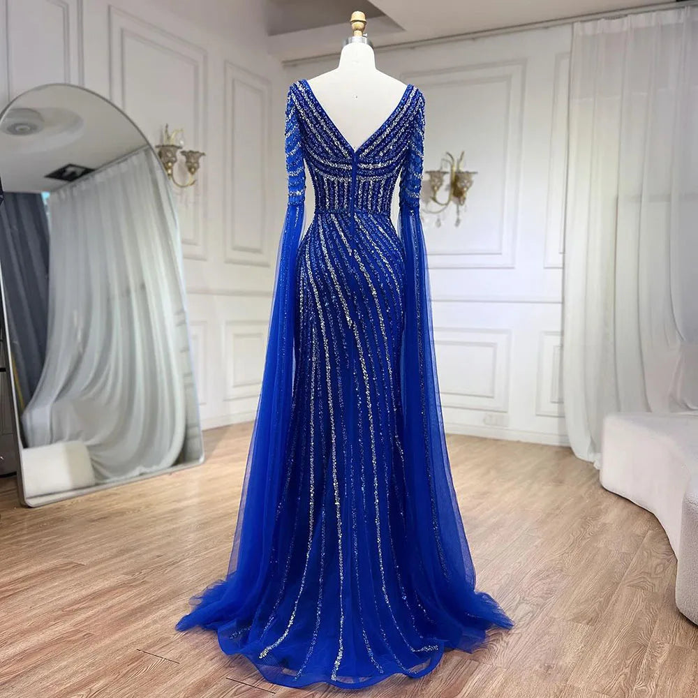 Vestido de noche azul de corte sirena con escote corazón y sobrefalda de cuentas - Vestidos de lujo para bodas de mujer 2025 LA72314 