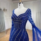Vestido de noche azul de corte sirena con escote corazón y sobrefalda de cuentas - Vestidos de lujo para bodas de mujer 2025 LA72314 