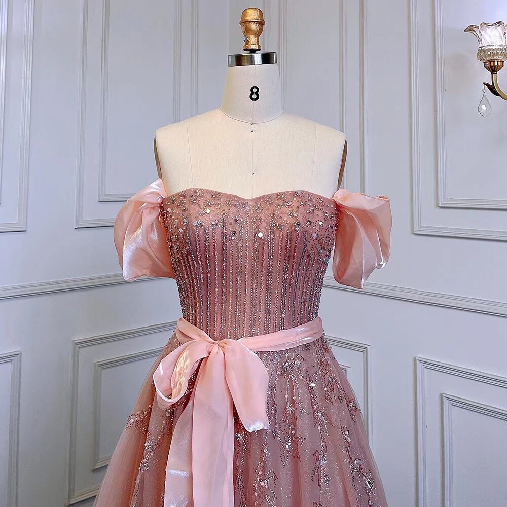 Erröten Rosa A-Linie Sexy Off Schulter Arabisch Perlen Kristall Luxus Abendkleid Frauen Formale Prom Dresse LA71745 