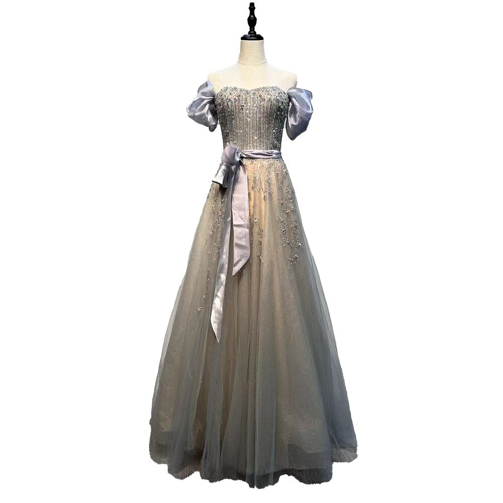 Vestido de noche de lujo para mujer, corte A, sexy, con hombros descubiertos, estilo árabe, con cuentas y cristales, vestido formal de fiesta LA71745 