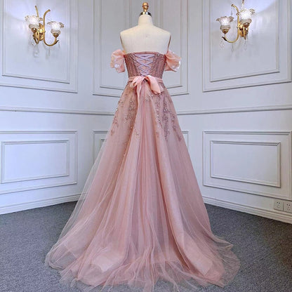 Erröten Rosa A-Linie Sexy Off Schulter Arabisch Perlen Kristall Luxus Abendkleid Frauen Formale Prom Dresse LA71745 