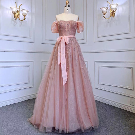 Erröten Rosa A-Linie Sexy Off Schulter Arabisch Perlen Kristall Luxus Abendkleid Frauen Formale Prom Dresse LA71745 