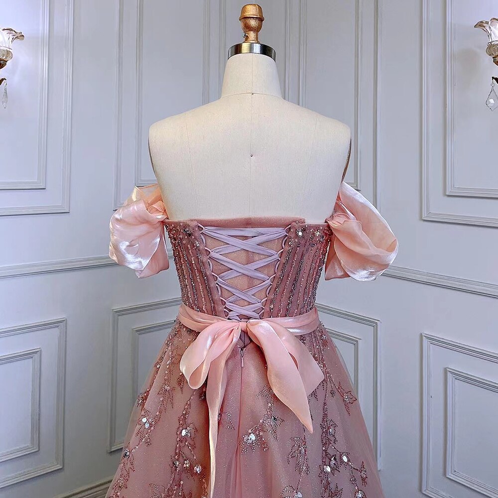 Erröten Rosa A-Linie Sexy Off Schulter Arabisch Perlen Kristall Luxus Abendkleid Frauen Formale Prom Dresse LA71745 
