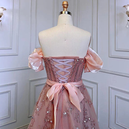 Erröten Rosa A-Linie Sexy Off Schulter Arabisch Perlen Kristall Luxus Abendkleid Frauen Formale Prom Dresse LA71745 
