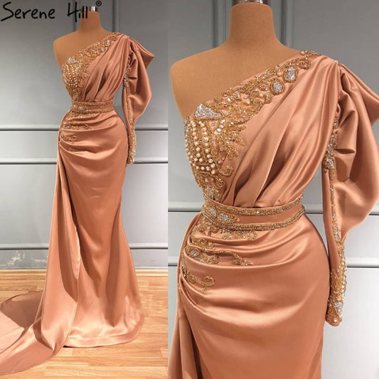 Erröten Rosa Mermiad Satin Abendkleider Kleider 2025 Eine Schulter Elegante Perlen Für Frauen Party LA71200 