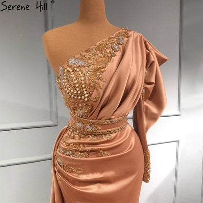 Erröten Rosa Mermiad Satin Abendkleider Kleider 2025 Eine Schulter Elegante Perlen Für Frauen Party LA71200 