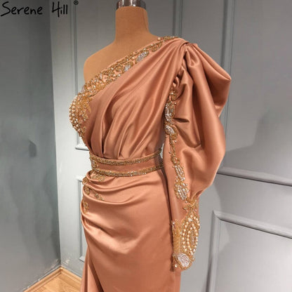 Erröten Rosa Mermiad Satin Abendkleider Kleider 2025 Eine Schulter Elegante Perlen Für Frauen Party LA71200 