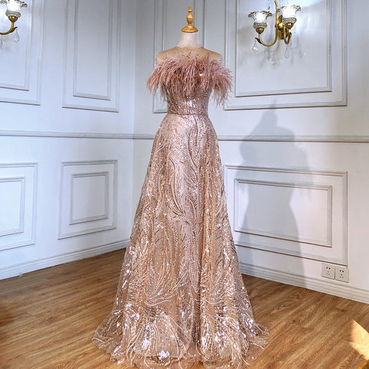 Blush Rose Strapless Luxe Avond Jurken 2025 Kralen Feather A-lijn Für Frauen Party LA71560 