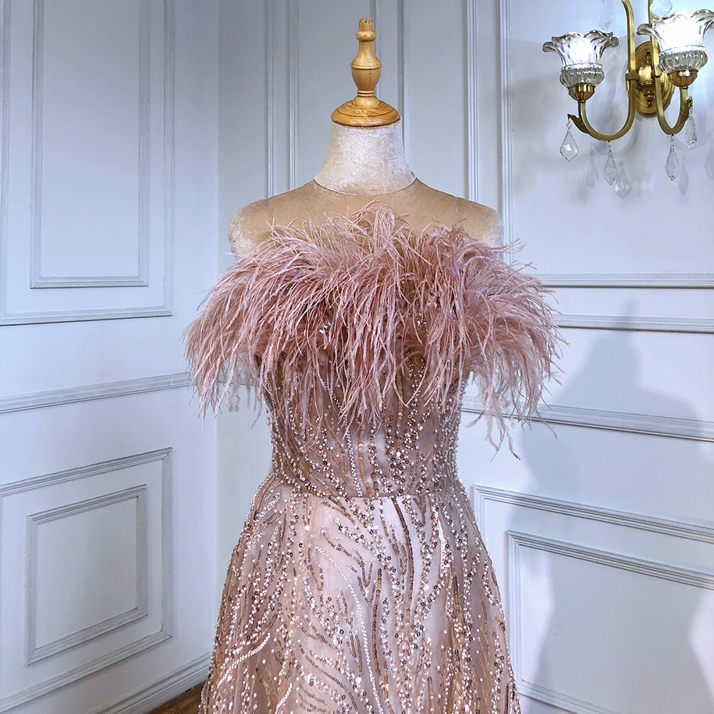 Blush Rose Strapless Luxe Avond Jurken 2025 Kralen Feather A-lijn Für Frauen Party LA71560 