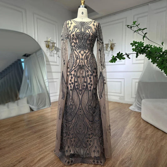 Vestido de noche elegante de sirena árabe marrón con mangas estilo capa, sexy, 2025, de lujo, con cuentas, para mujer, fiesta, LA71832 