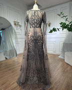 Braun Arabisch Meerjungfrau Elegante Cape-Ärmel Sexy Abendkleider Kleider 2025 Luxus Perlen Für Frauen Party LA71832 