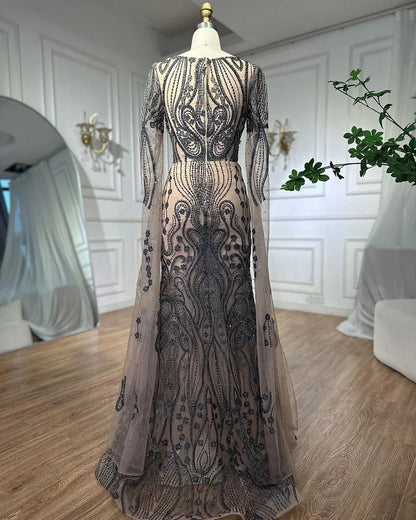 Vestido de noche elegante de sirena árabe marrón con mangas estilo capa, sexy, 2025, de lujo, con cuentas, para mujer, fiesta, LA71832 