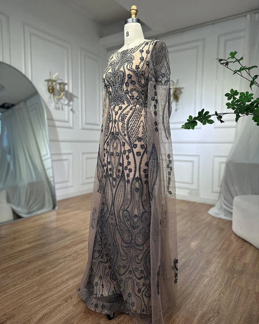 Braun Arabisch Meerjungfrau Elegante Cape-Ärmel Sexy Abendkleider Kleider 2025 Luxus Perlen Für Frauen Party LA71832 