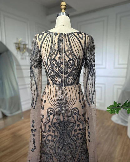 Vestido de noche elegante de sirena árabe marrón con mangas estilo capa, sexy, 2025, de lujo, con cuentas, para mujer, fiesta, LA71832 