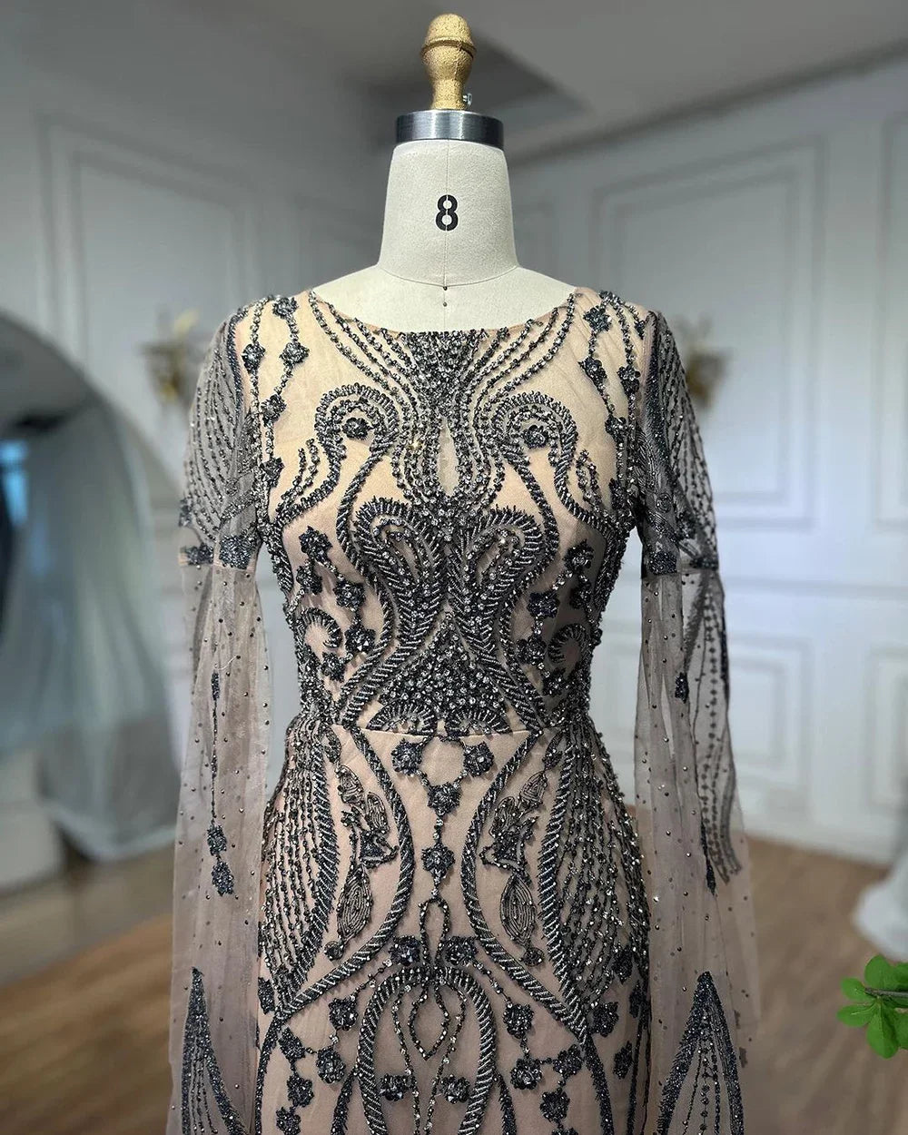 Vestido de noche elegante de sirena árabe marrón con mangas estilo capa, sexy, 2025, de lujo, con cuentas, para mujer, fiesta, LA71832 