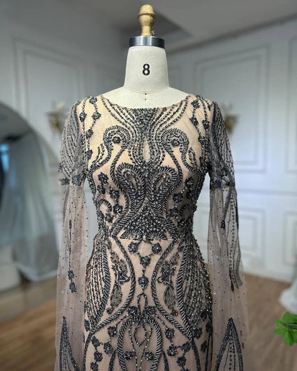 Vestido de noche elegante de sirena árabe marrón con mangas estilo capa, sexy, 2025, de lujo, con cuentas, para mujer, fiesta, LA71832 