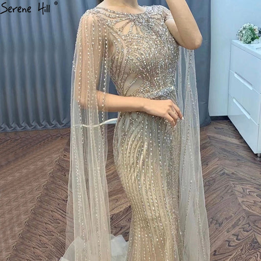 Elegante vestido de noche de sirena marrón 2025 con mangas estilo capa y cuentas de lujo para mujer, vestido de fiesta LA70638 