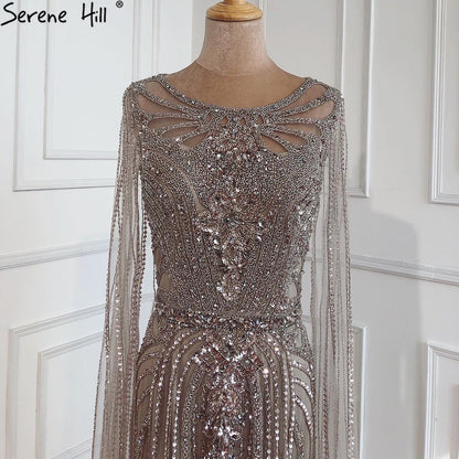 Elegante vestido de noche de sirena marrón 2025 con mangas estilo capa y cuentas de lujo para mujer, vestido de fiesta LA70638 