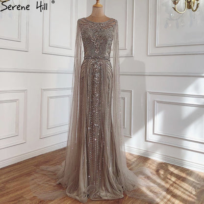 Elegante vestido de noche de sirena marrón 2025 con mangas estilo capa y cuentas de lujo para mujer, vestido de fiesta LA70638 