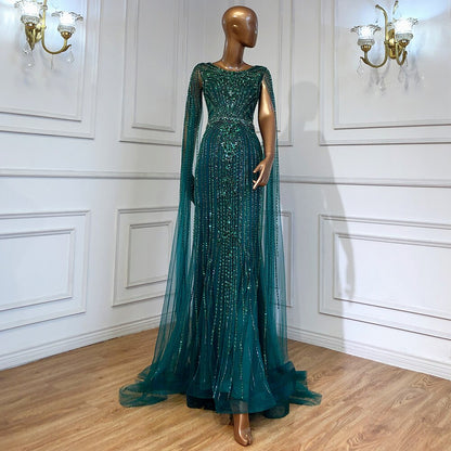 Elegante vestido de noche de sirena marrón 2025 con mangas estilo capa y cuentas de lujo para mujer, vestido de fiesta LA70638 