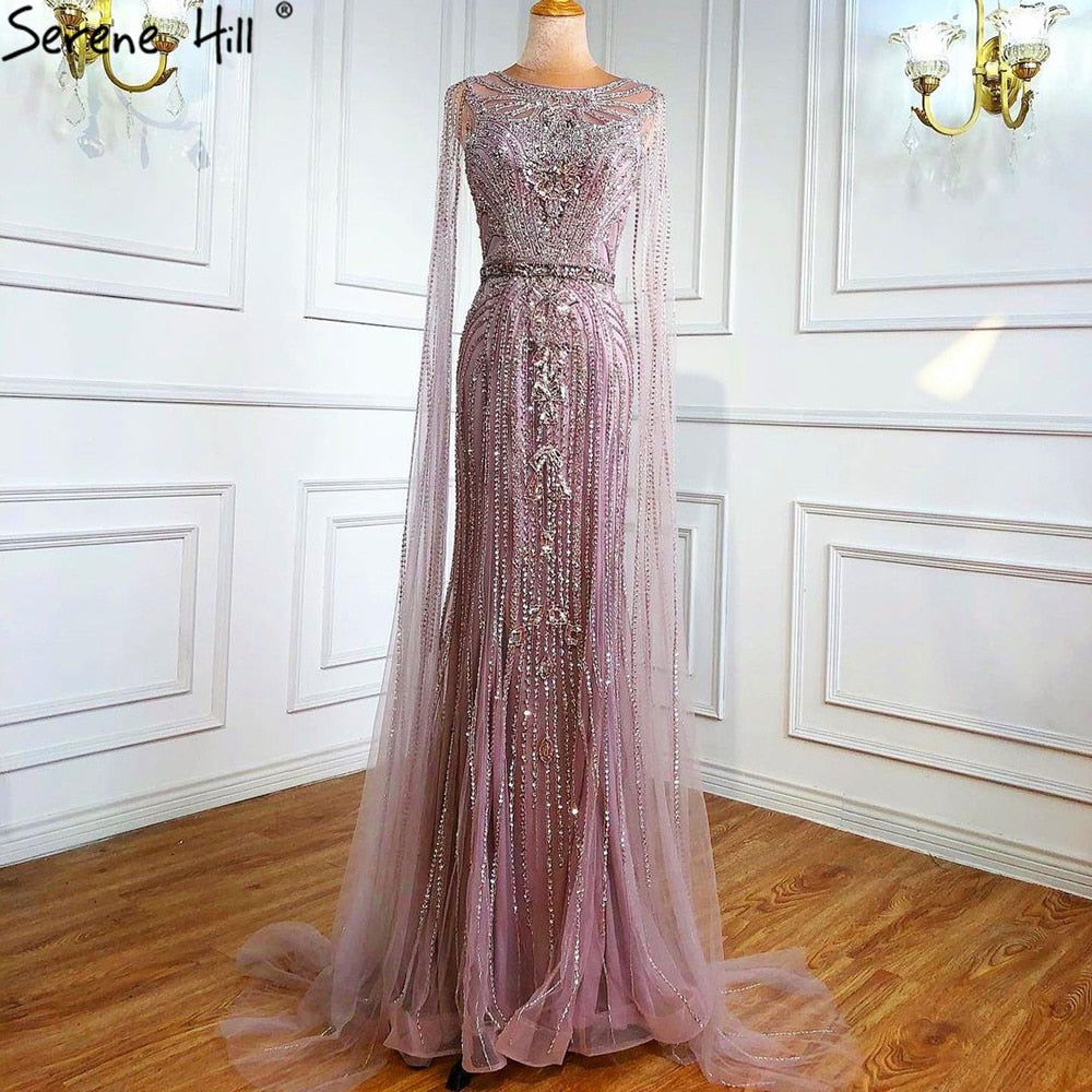 Elegante vestido de noche de sirena marrón 2025 con mangas estilo capa y cuentas de lujo para mujer, vestido de fiesta LA70638 