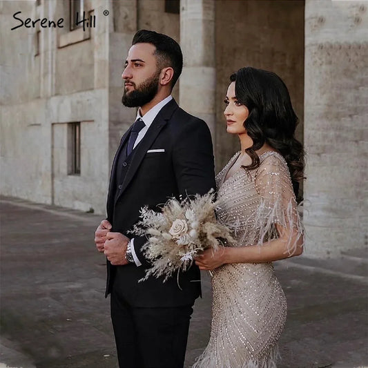 Vestidos de noche de lujo de sirena marrón, con cuentas y plumas, elegantes para mujer, para fiesta, LA71323 