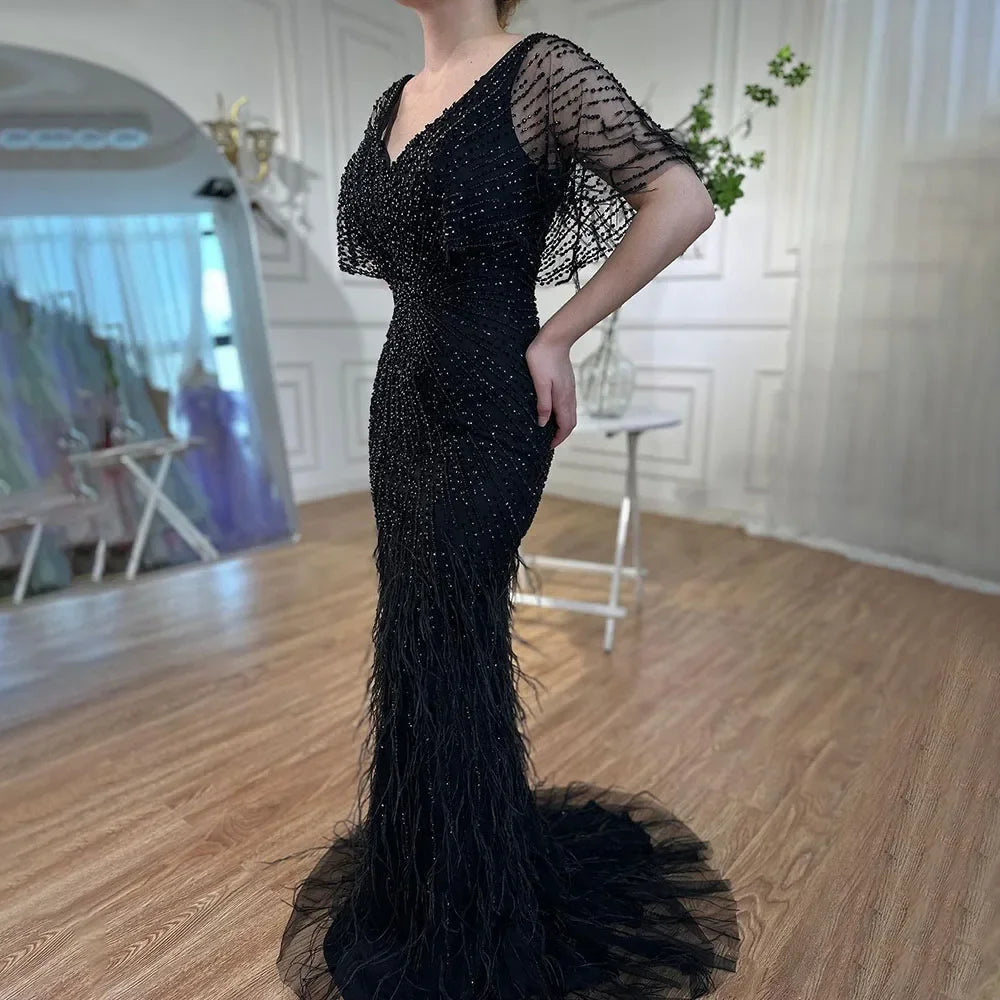 Vestidos de noche de lujo de sirena marrón, con cuentas y plumas, elegantes para mujer, para fiesta, LA71323 