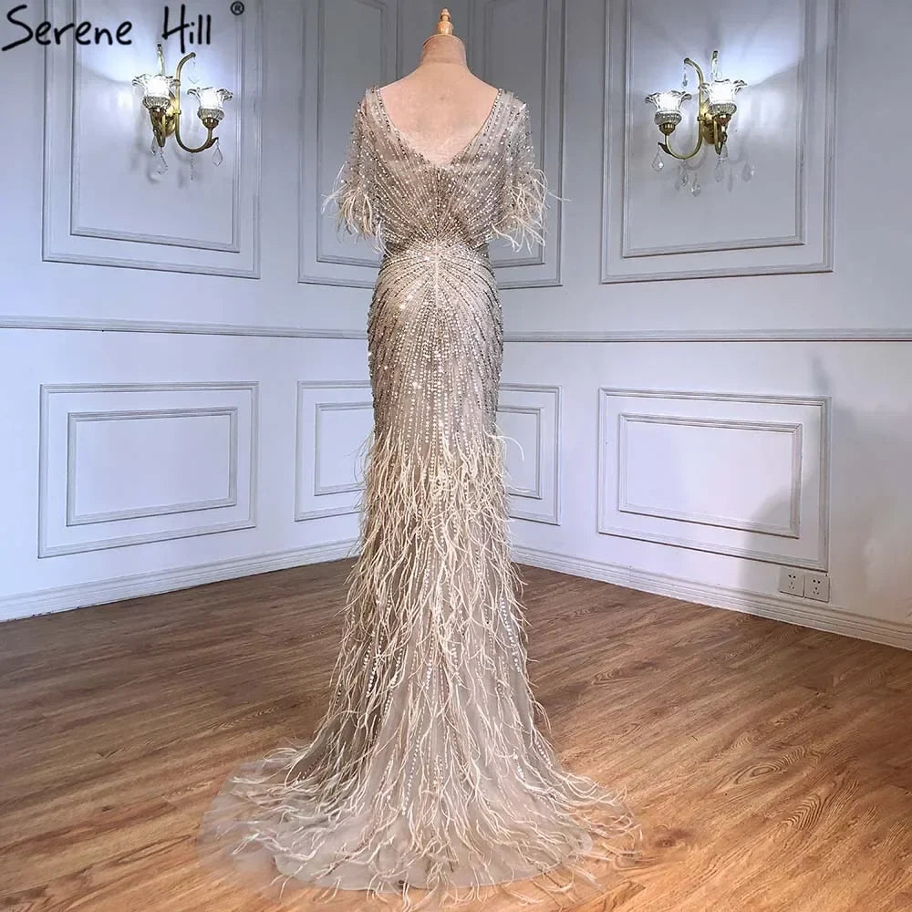 Vestidos de noche de lujo de sirena marrón, con cuentas y plumas, elegantes para mujer, para fiesta, LA71323 