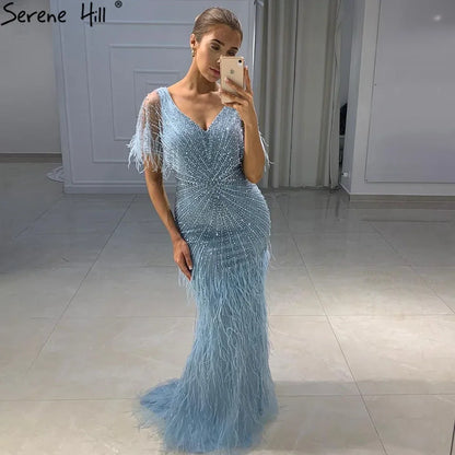 Vestidos de noche de lujo de sirena marrón, con cuentas y plumas, elegantes para mujer, para fiesta, LA71323 
