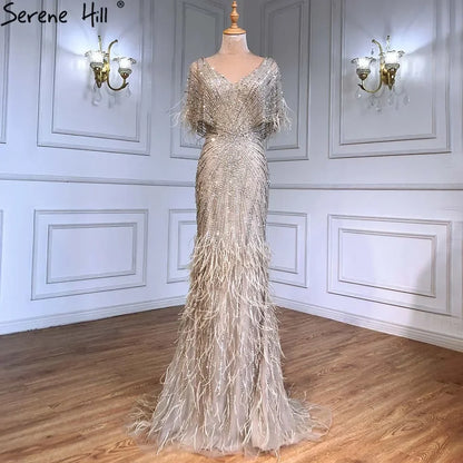 Vestidos de noche de lujo de sirena marrón, con cuentas y plumas, elegantes para mujer, para fiesta, LA71323 